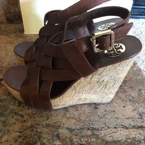 Tory Burch Brown Leather Cork Wedges size 7